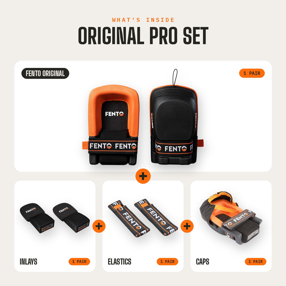 FENTO ORIGINAL PRO SET Übersicht mit Knieschonern und drei Ersatzteilarten