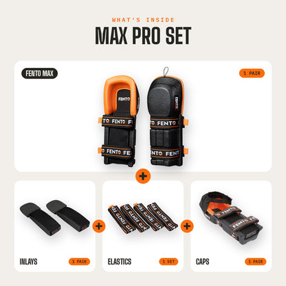 FENTO MAX PRO SET Übersicht mit Knieschonern und drei Arten von Ersatzteilen